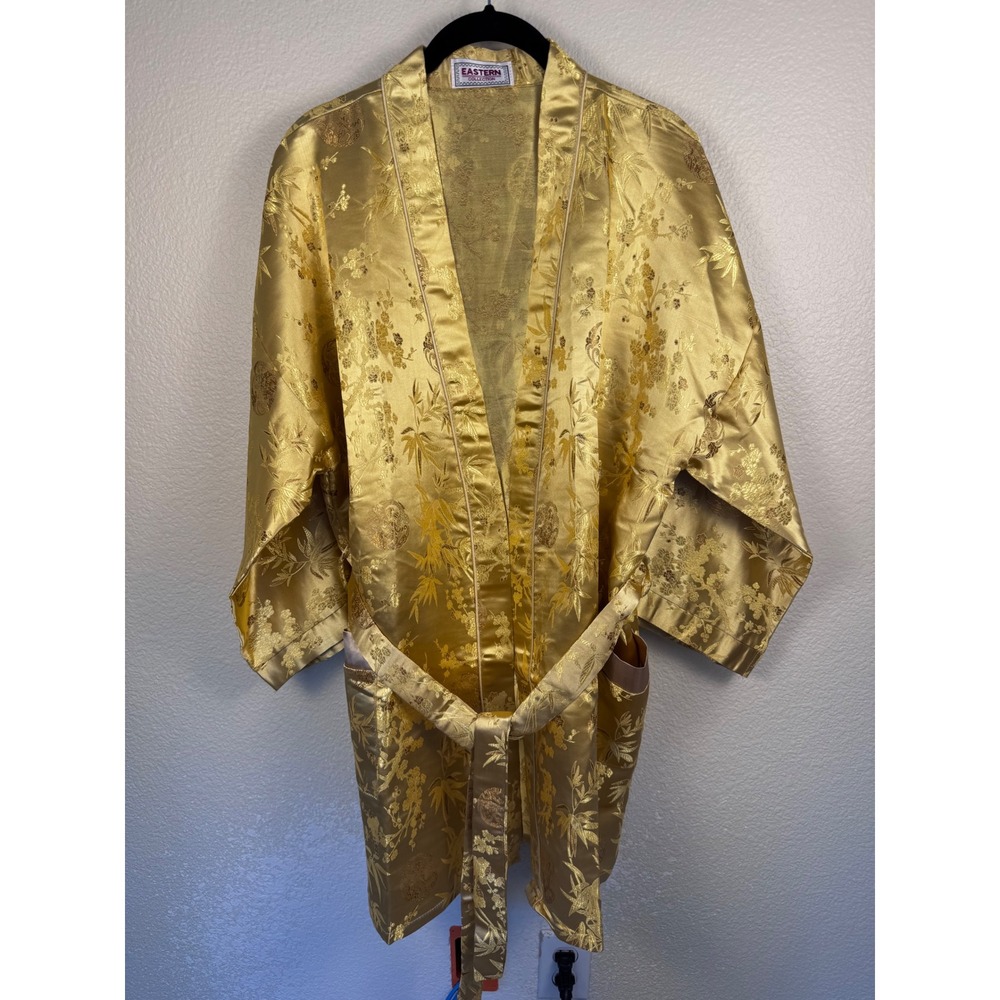 Vintage Eastern Collection Kimono Robe Women Gold Brocade Satin Floral Lounge